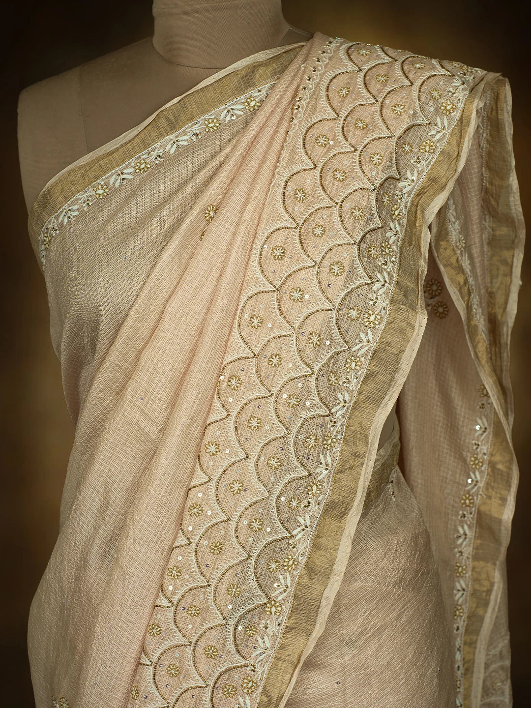 Ada Hand Embroidered Light Dusty Peach Kota Silk Lucknowi Chikankari Saree and Blouse With Cutdana Work 01A728038