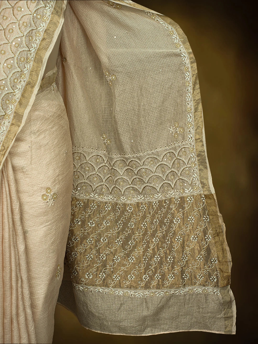 Ada Hand Embroidered Light Dusty Peach Kota Silk Lucknowi Chikankari Saree and Blouse With Cutdana Work 01A728038