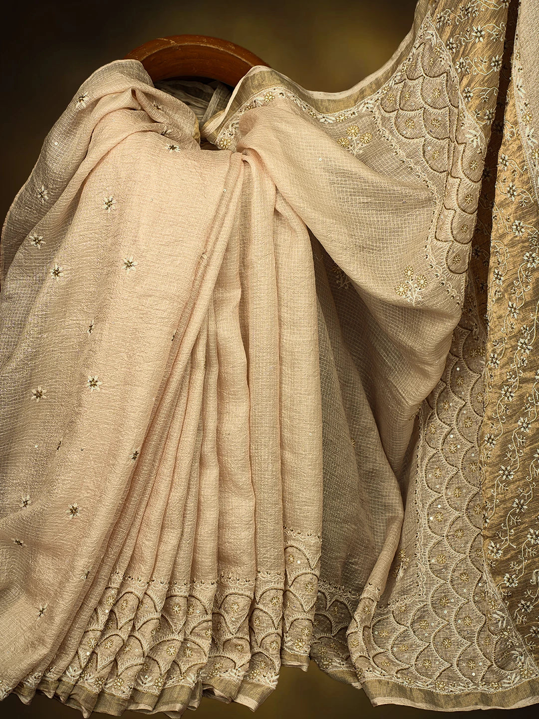 Ada Hand Embroidered Light Dusty Peach Kota Silk Lucknowi Chikankari Saree and Blouse With Cutdana Work 01A728038