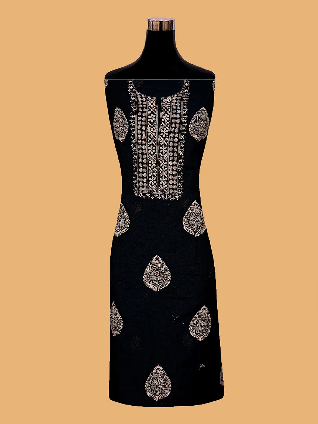 Ada Hand Embroidered Black Chanderi Lucknowi Chikankari Unstitched Kurta Dupatta Set 01A440301