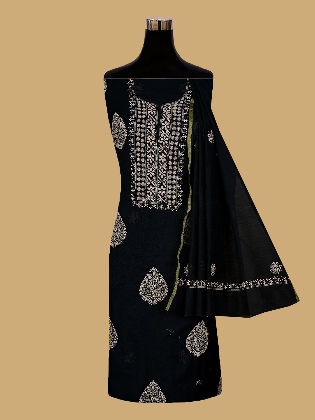 Ada Hand Embroidered Black Chanderi Lucknowi Chikankari Unstitched Kurta Dupatta Set 01A440301