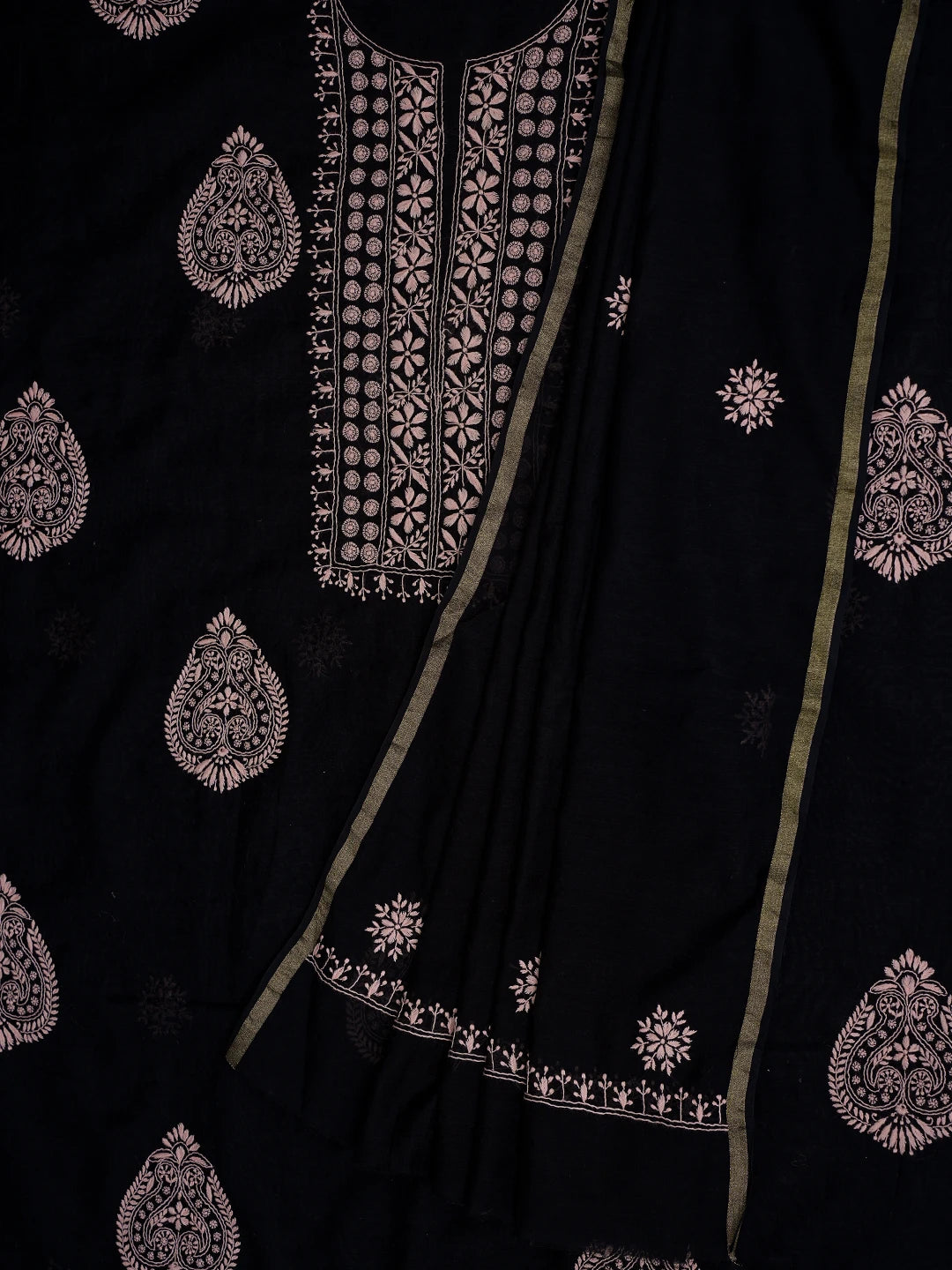 Ada Hand Embroidered Black Chanderi Lucknowi Chikankari Unstitched Kurta Dupatta Set 01A440301