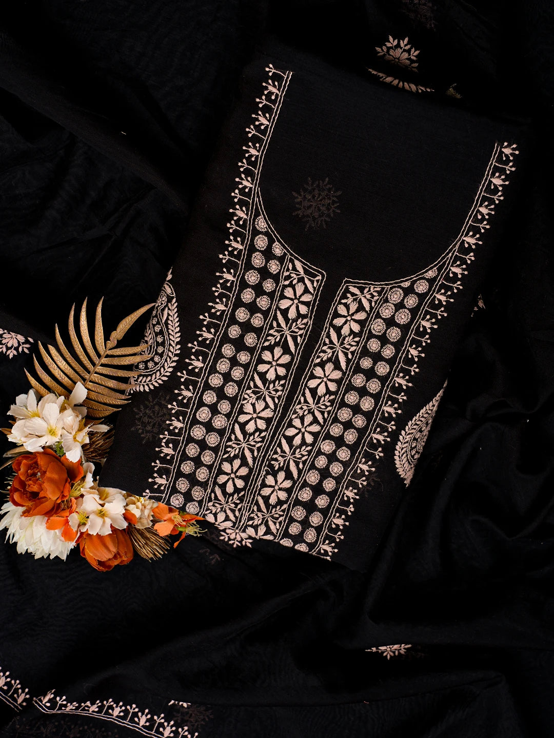 Ada Hand Embroidered Black Chanderi Lucknowi Chikankari Unstitched Kurta Dupatta Set 01A440301