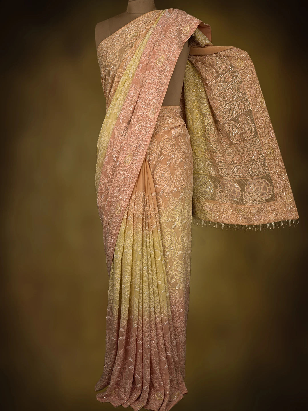 Ada Hand Embroidered Ombre Shade Of Creamy Peach and Light Lemon Pure Georgette Lucknowi Chikankari Saree and Blouse With Sequinned Work 01A701829