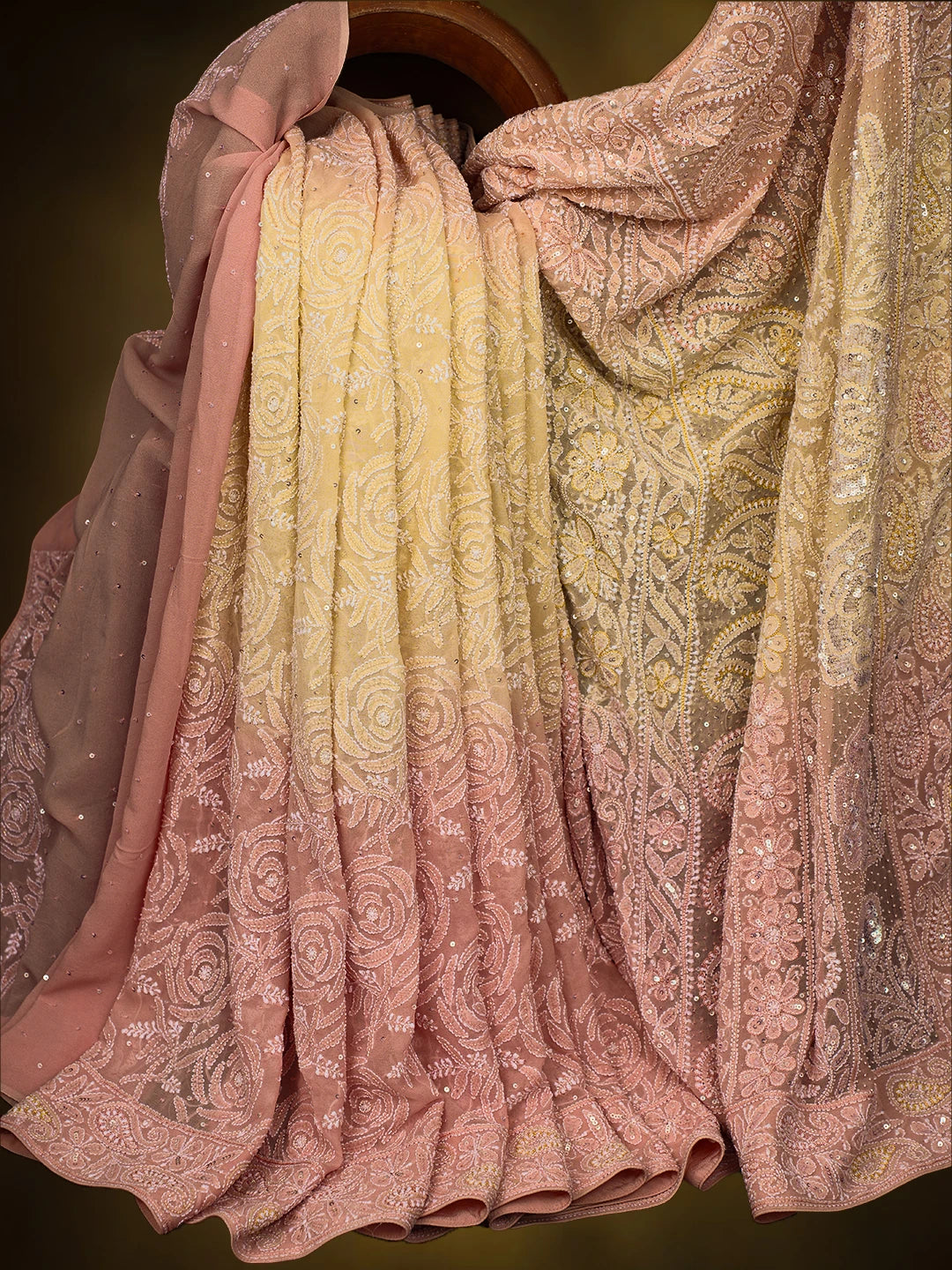 Ada Hand Embroidered Ombre Shade Of Creamy Peach and Light Lemon Pure Georgette Lucknowi Chikankari Saree and Blouse With Sequinned Work 01A701829