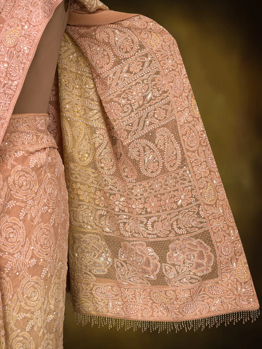 Ada Hand Embroidered Ombre Shade Of Creamy Peach and Light Lemon Pure Georgette Lucknowi Chikankari Saree and Blouse With Sequinned Work 01A701829