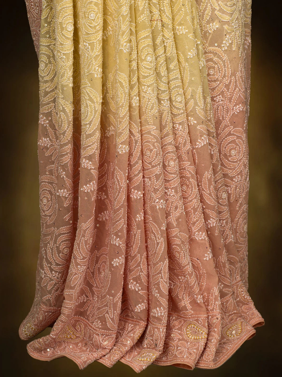 Ada Hand Embroidered Ombre Shade Of Creamy Peach and Light Lemon Pure Georgette Lucknowi Chikankari Saree and Blouse With Sequinned Work 01A701829