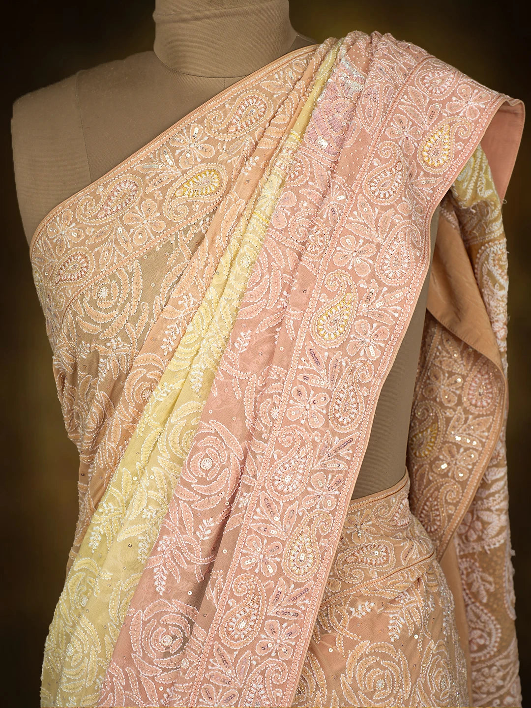 Ada Hand Embroidered Ombre Shade Of Creamy Peach and Light Lemon Pure Georgette Lucknowi Chikankari Saree and Blouse With Sequinned Work 01A701829