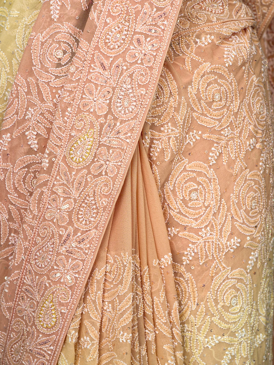 Ada Hand Embroidered Ombre Shade Of Creamy Peach and Light Lemon Pure Georgette Lucknowi Chikankari Saree and Blouse With Sequinned Work 01A701829