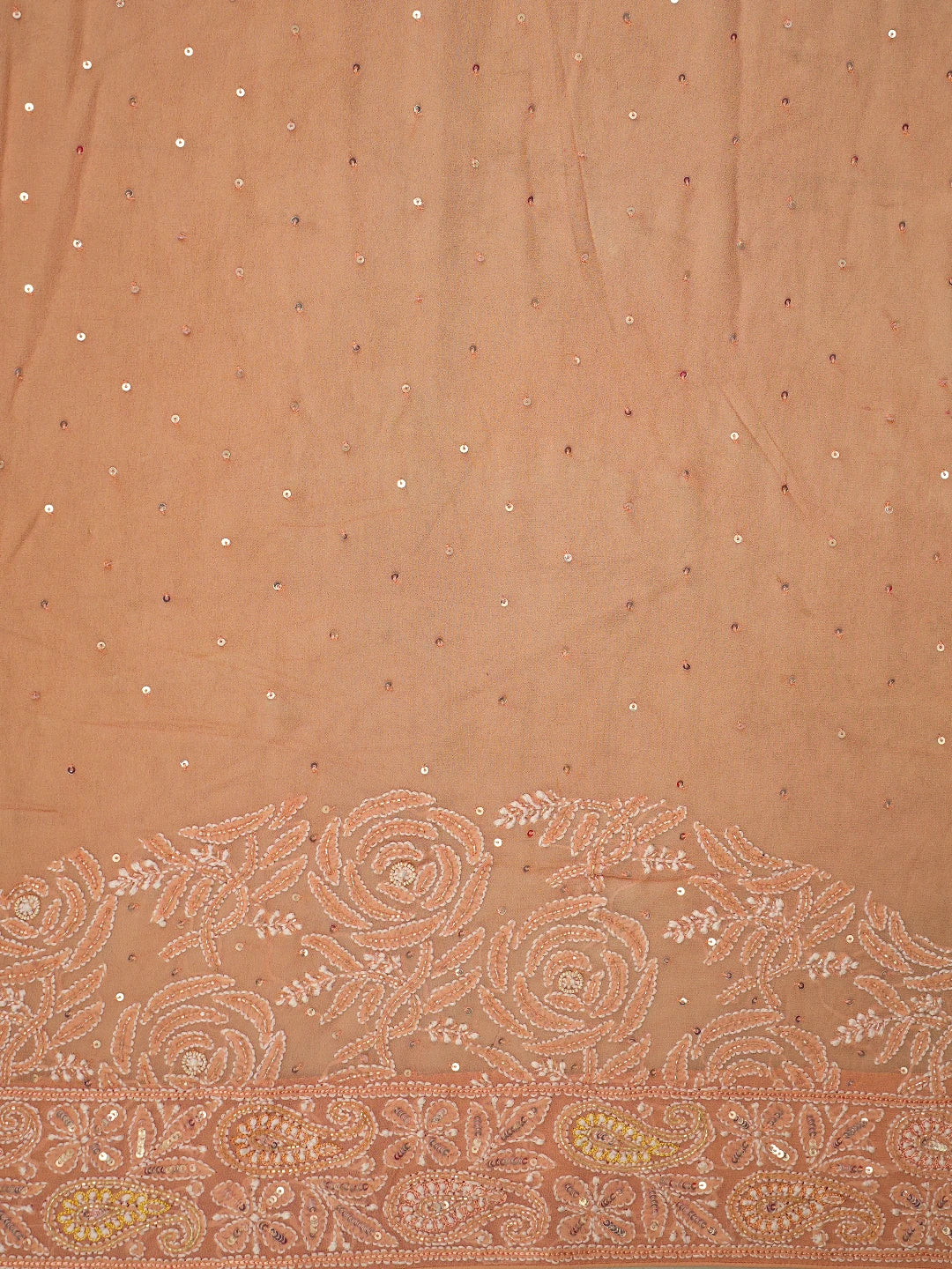 Ada Hand Embroidered Ombre Shade Of Creamy Peach and Light Lemon Pure Georgette Lucknowi Chikankari Saree and Blouse With Sequinned Work 01A701829