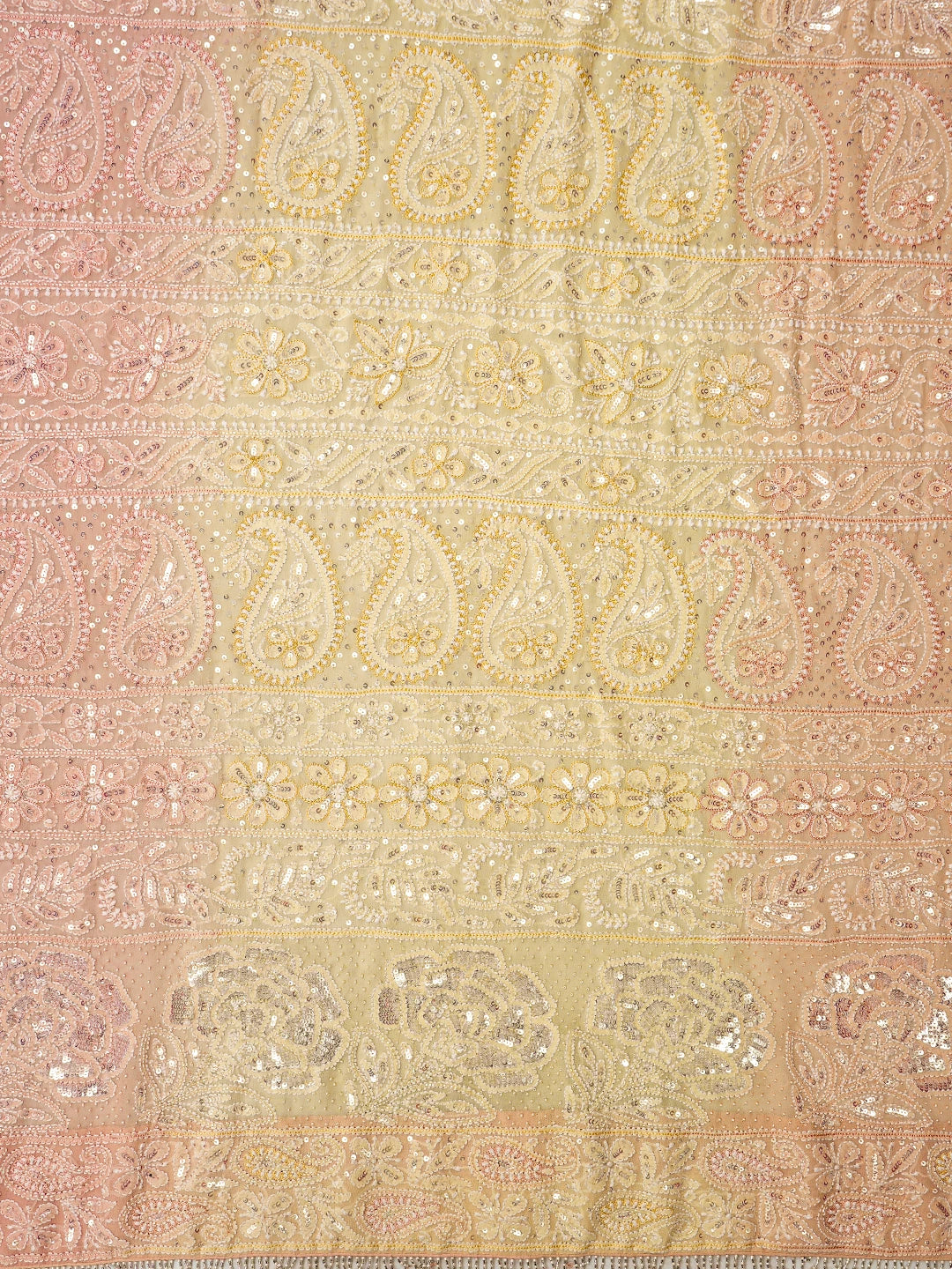 Ada Hand Embroidered Ombre Shade Of Creamy Peach and Light Lemon Pure Georgette Lucknowi Chikankari Saree and Blouse With Sequinned Work 01A701829