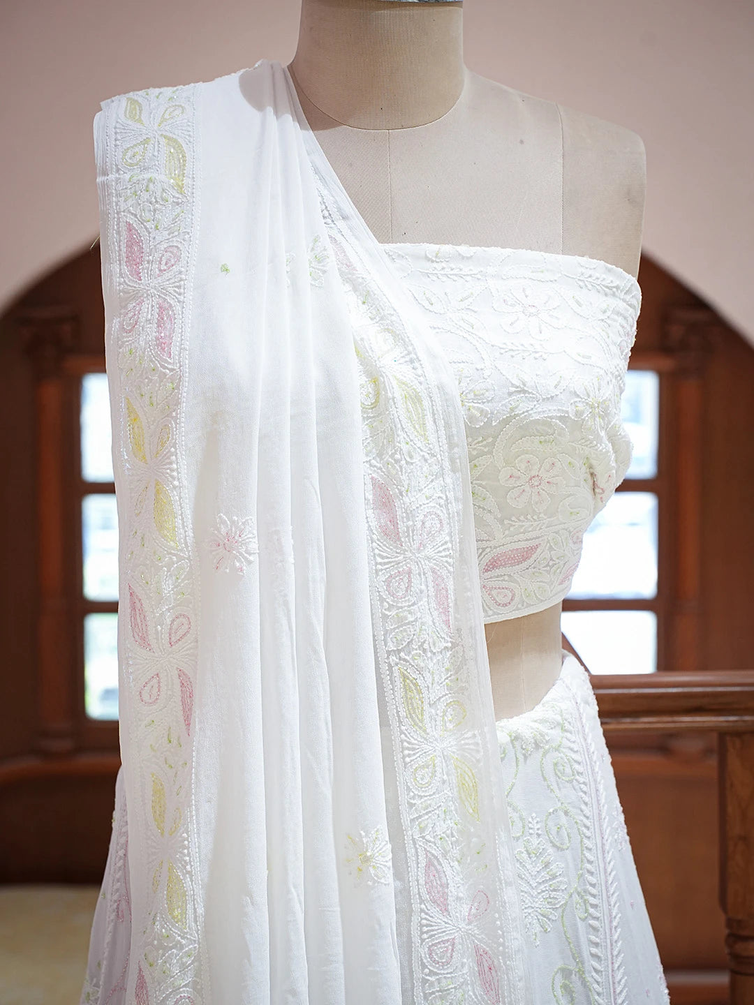Ada Hand Embroidered White Viscose Georgette Lucknowi Chikankari Lehenga Set With Cutdana Work 01A762695