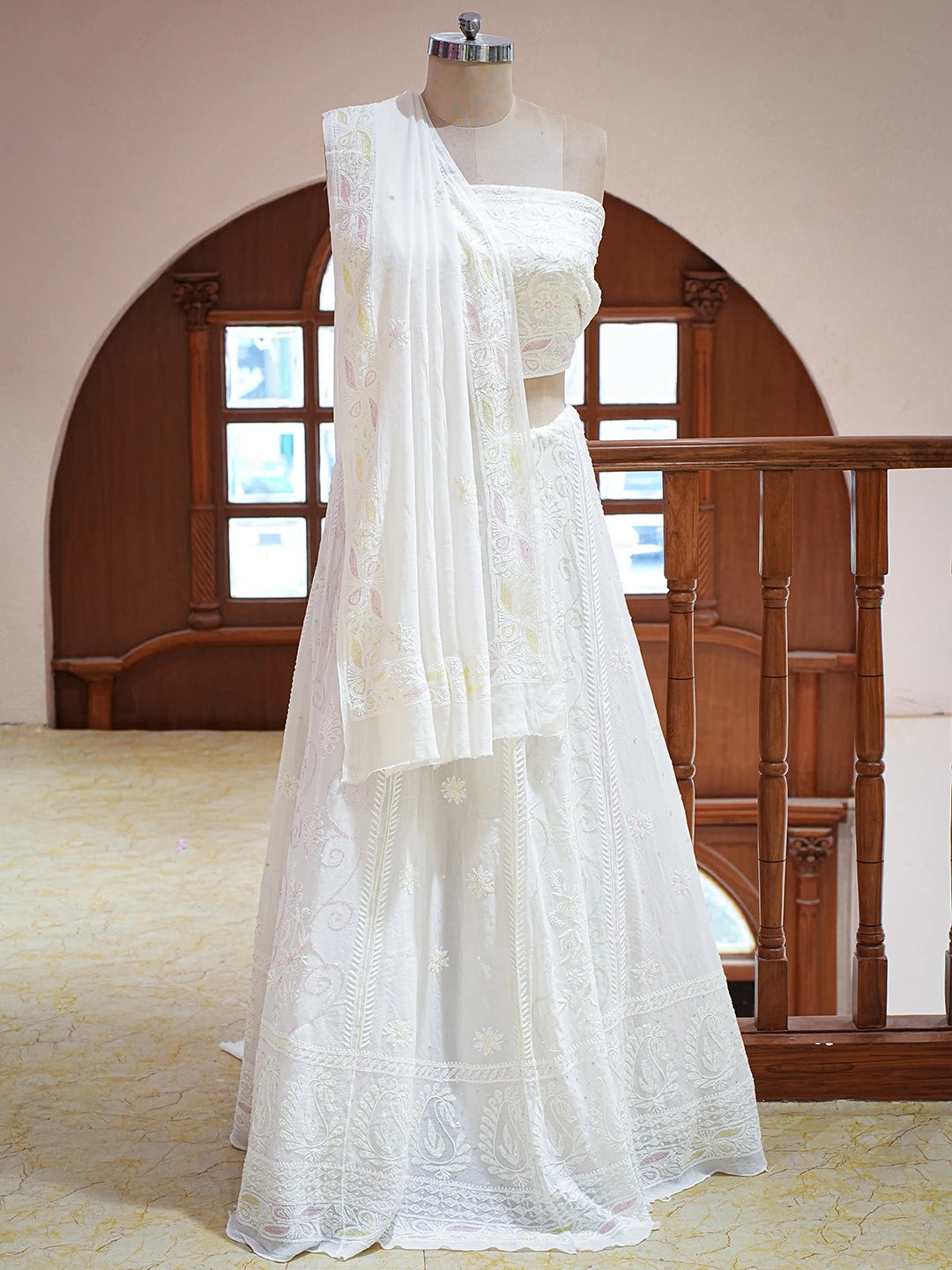 Ada Hand Embroidered White Viscose Georgette Lucknowi Chikankari Lehenga Set With Cutdana Work 01A762695