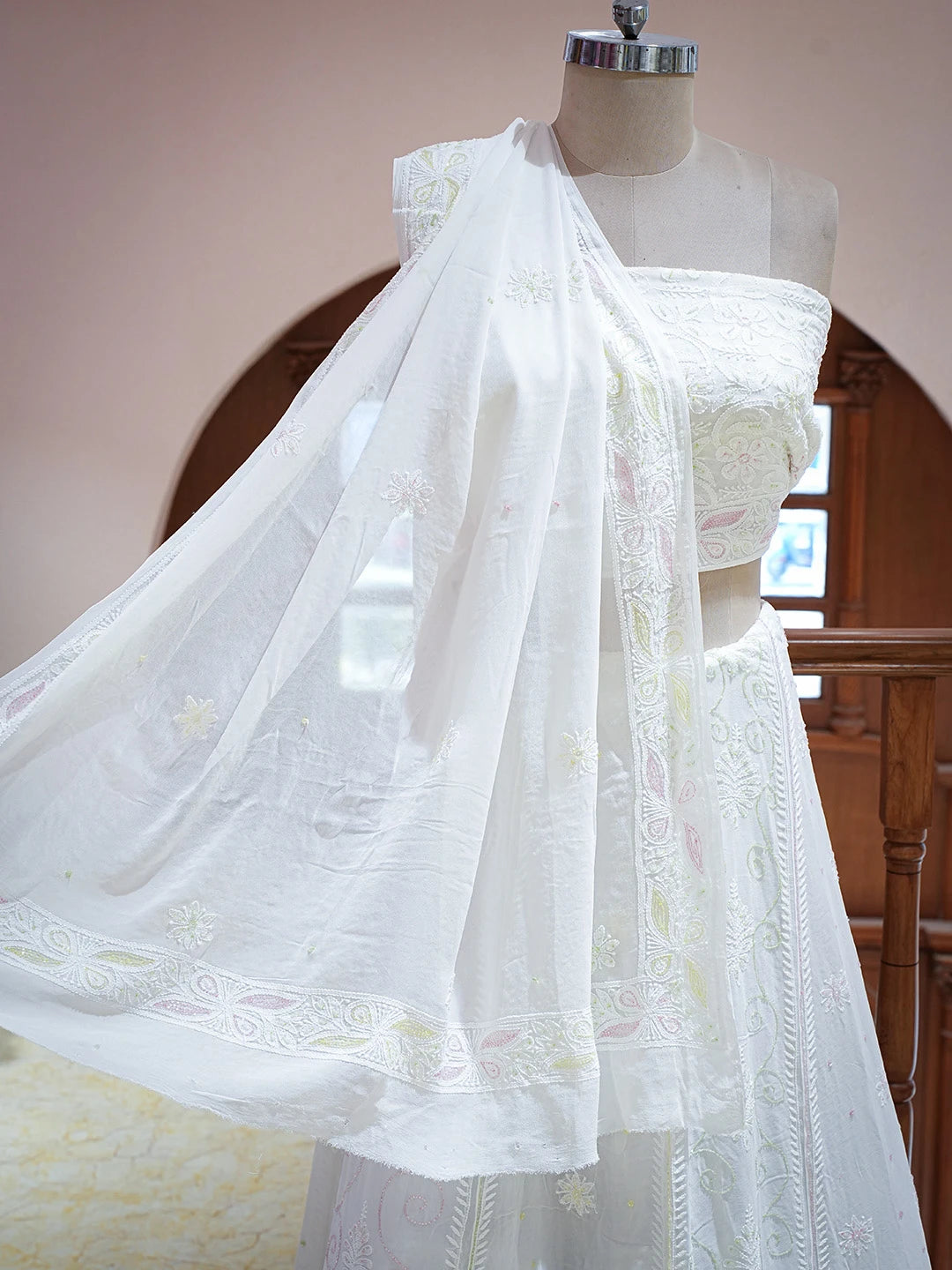 Ada Hand Embroidered White Viscose Georgette Lucknowi Chikankari Lehenga Set With Cutdana Work 01A762695