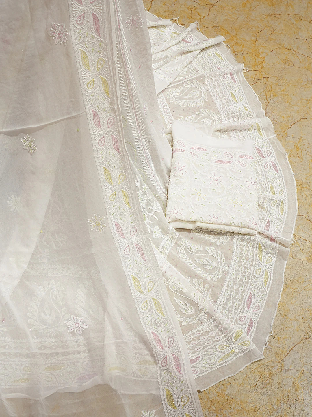 Ada Hand Embroidered White Viscose Georgette Lucknowi Chikankari Lehenga Set With Cutdana Work 01A762695