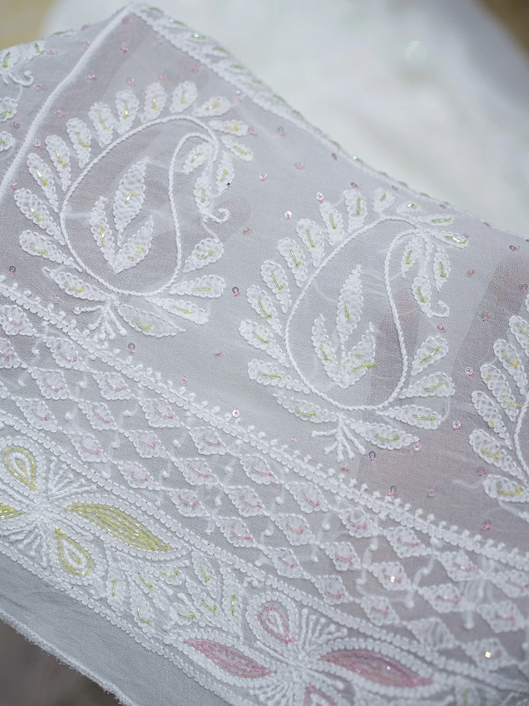 Ada Hand Embroidered White Viscose Georgette Lucknowi Chikankari Lehenga Set With Cutdana Work 01A762695
