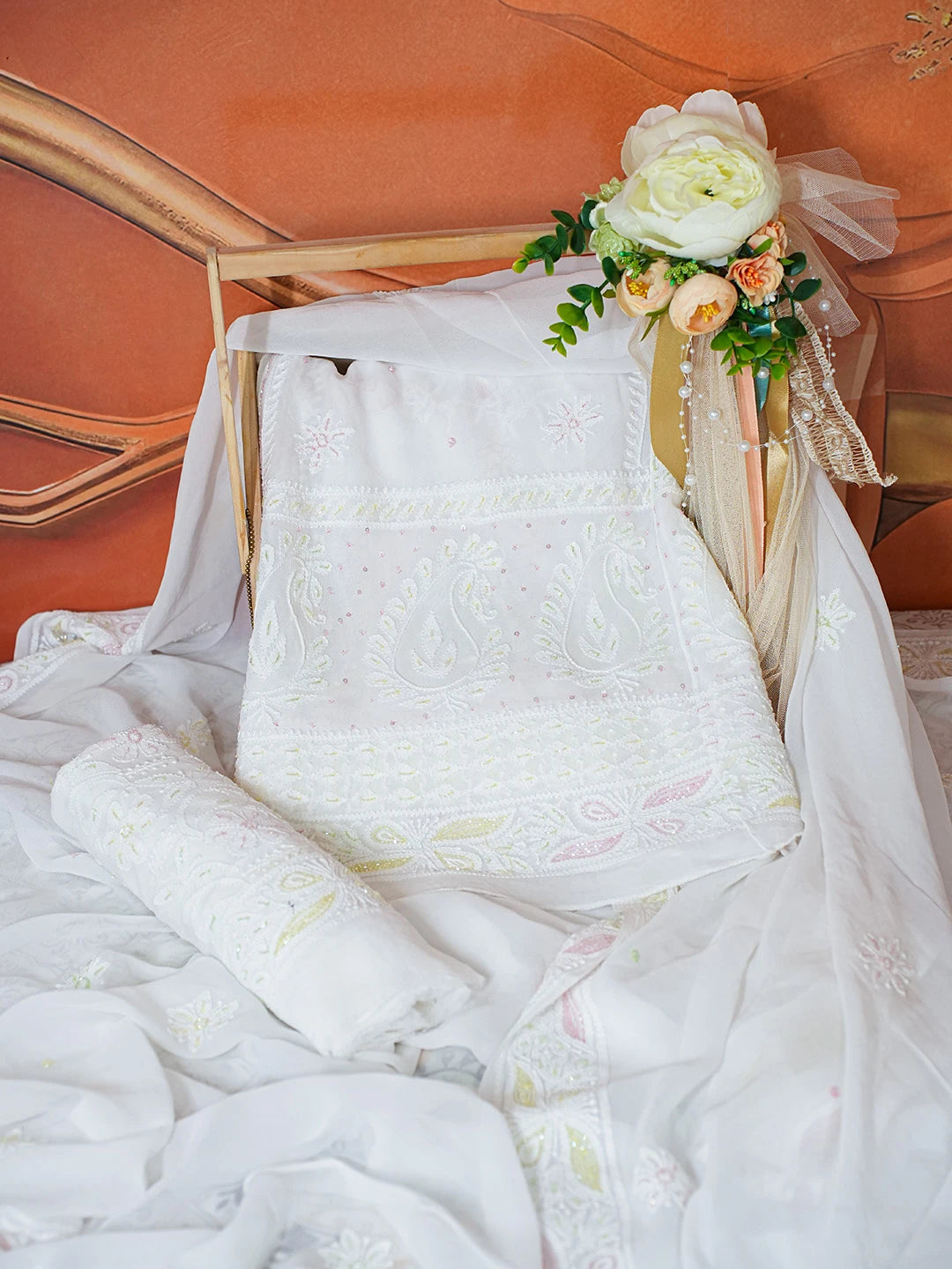 Ada Hand Embroidered White Viscose Georgette Lucknowi Chikankari Lehenga Set With Cutdana Work 01A762695