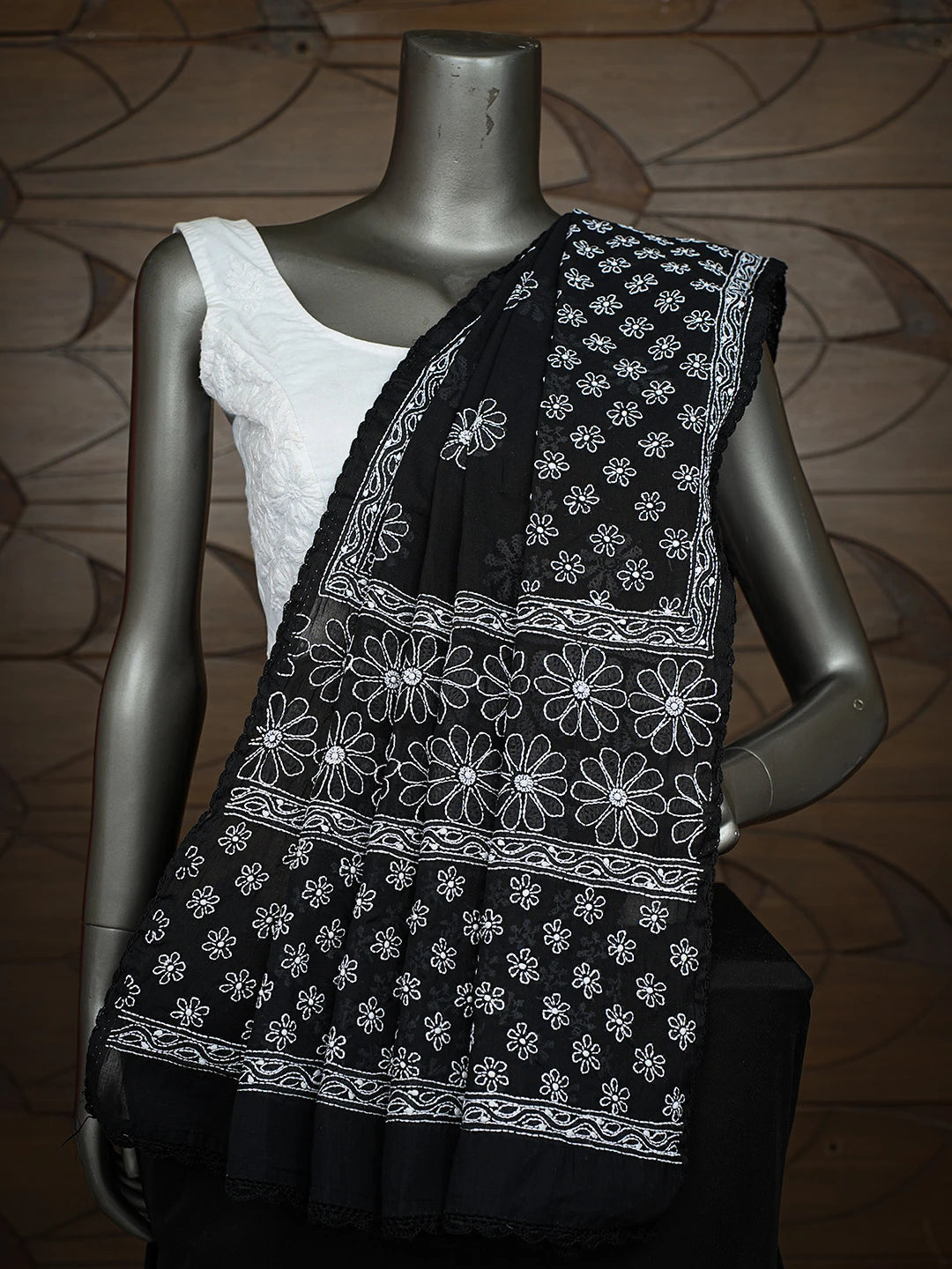 Ada Hand Embroidered Black Cotton Lucknowi Chikankari Dupatta 01A792525