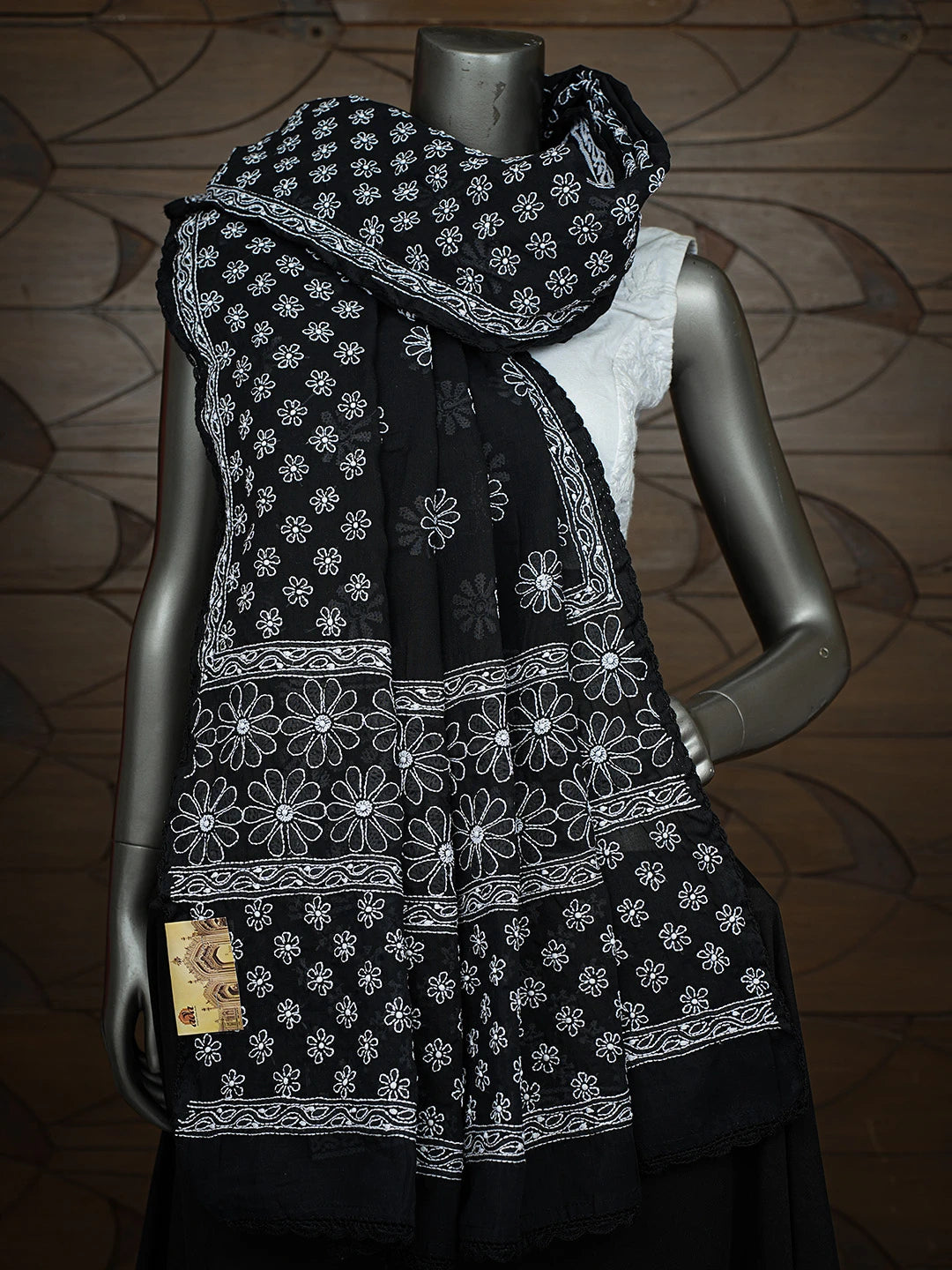 Ada Hand Embroidered Black Cotton Lucknowi Chikankari Dupatta 01A792525