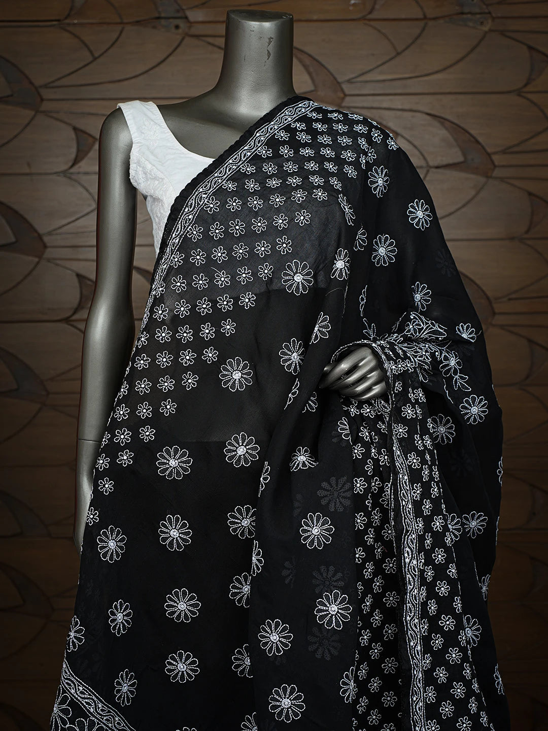 Ada Hand Embroidered Black Cotton Lucknowi Chikankari Dupatta 01A792525