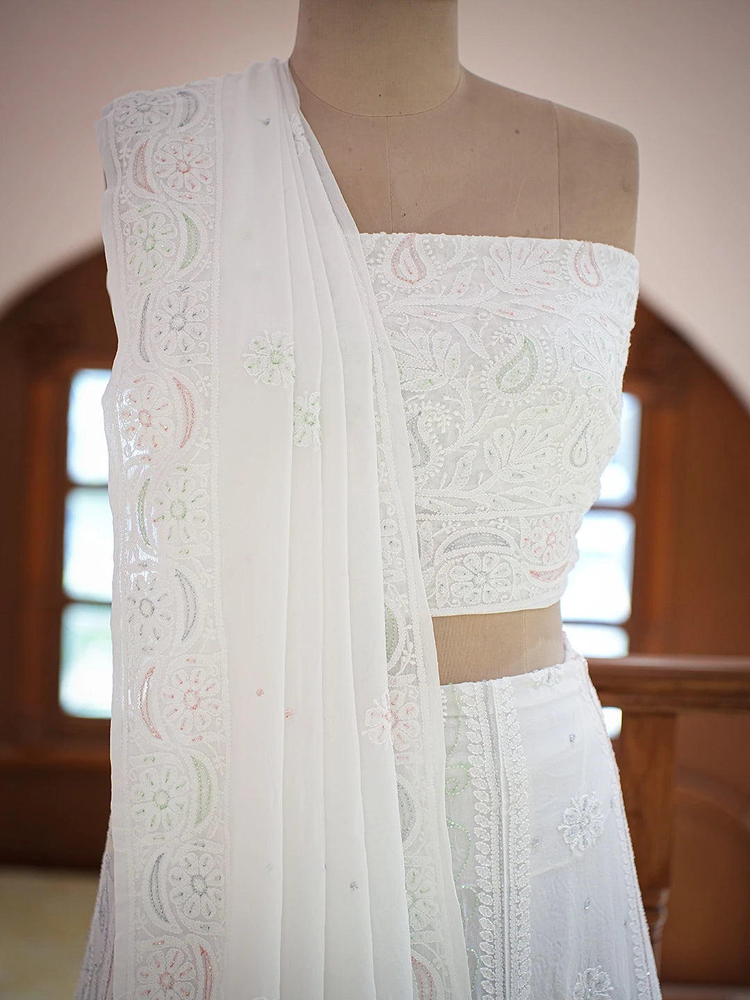Ada Hand Embroidered White Viscose Georgette Lucknowi Chikankari Lehenga Set With Cutdana Work 01A762690