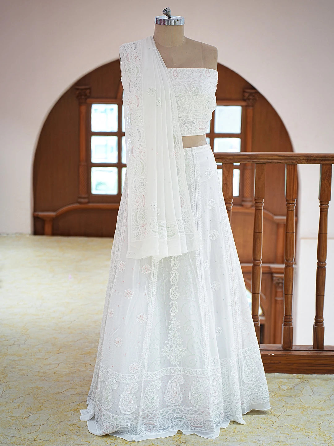 Ada Hand Embroidered White Viscose Georgette Lucknowi Chikankari Lehenga Set With Cutdana Work 01A762690