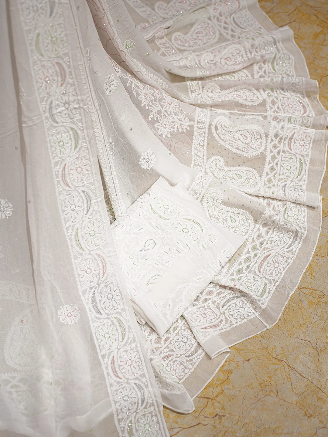Ada Hand Embroidered White Viscose Georgette Lucknowi Chikankari Lehenga Set With Cutdana Work 01A762690