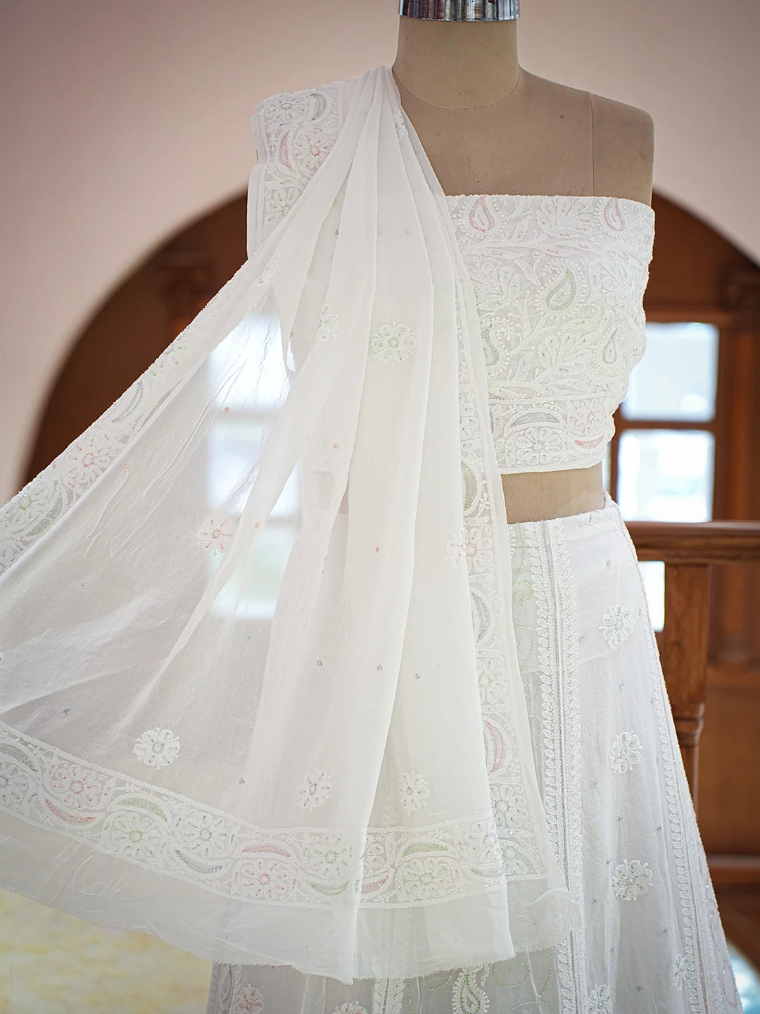 Ada Hand Embroidered White Viscose Georgette Lucknowi Chikankari Lehenga Set With Cutdana Work 01A762690