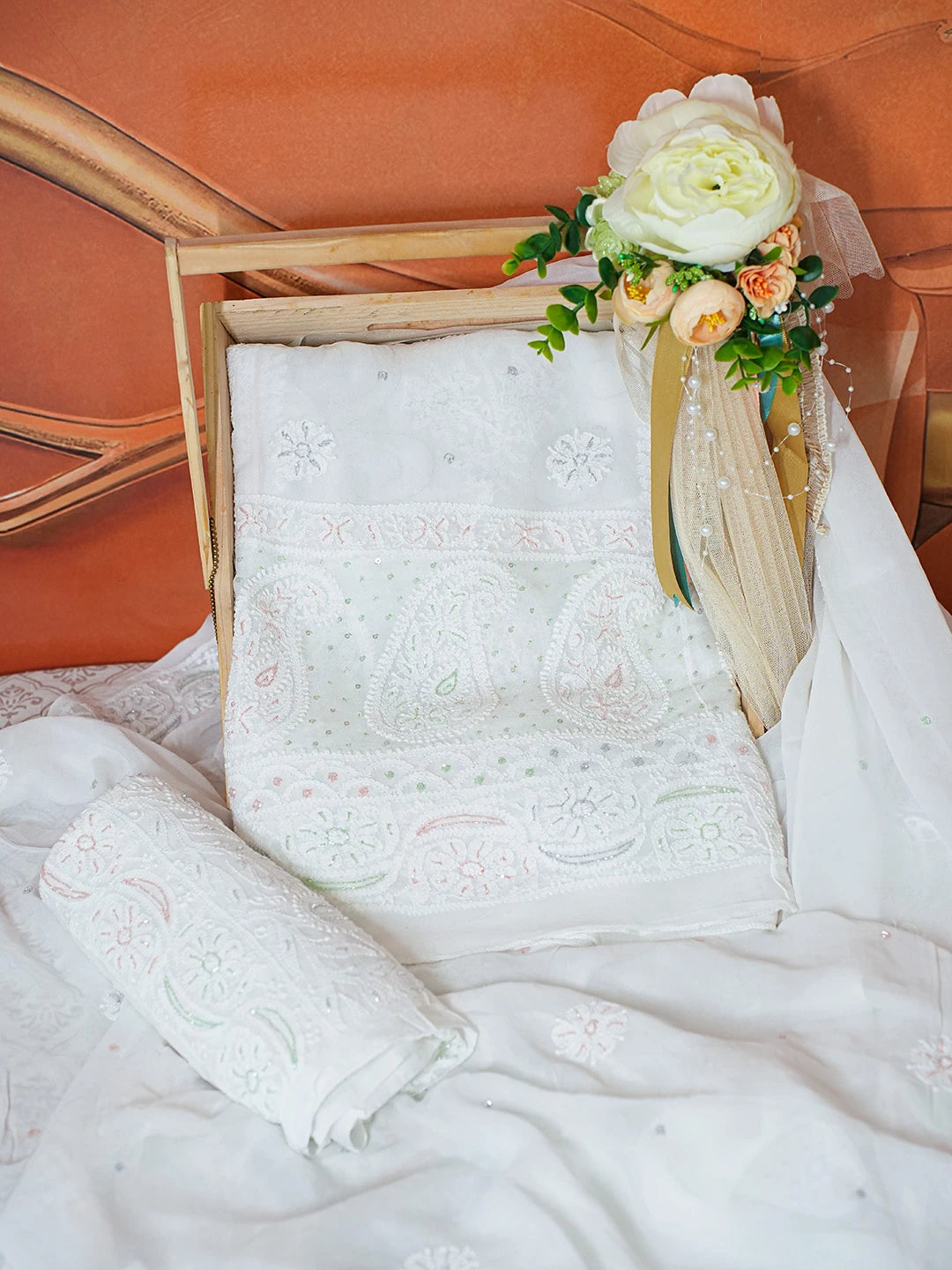 Ada Hand Embroidered White Viscose Georgette Lucknowi Chikankari Lehenga Set With Cutdana Work 01A762690