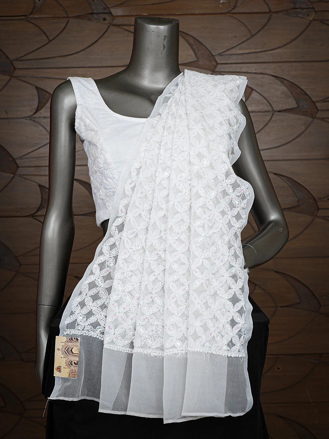 Ada Hand Embroidered White Georgette Lucknowi Chikankari Dupatta With Sequinned Work A594343