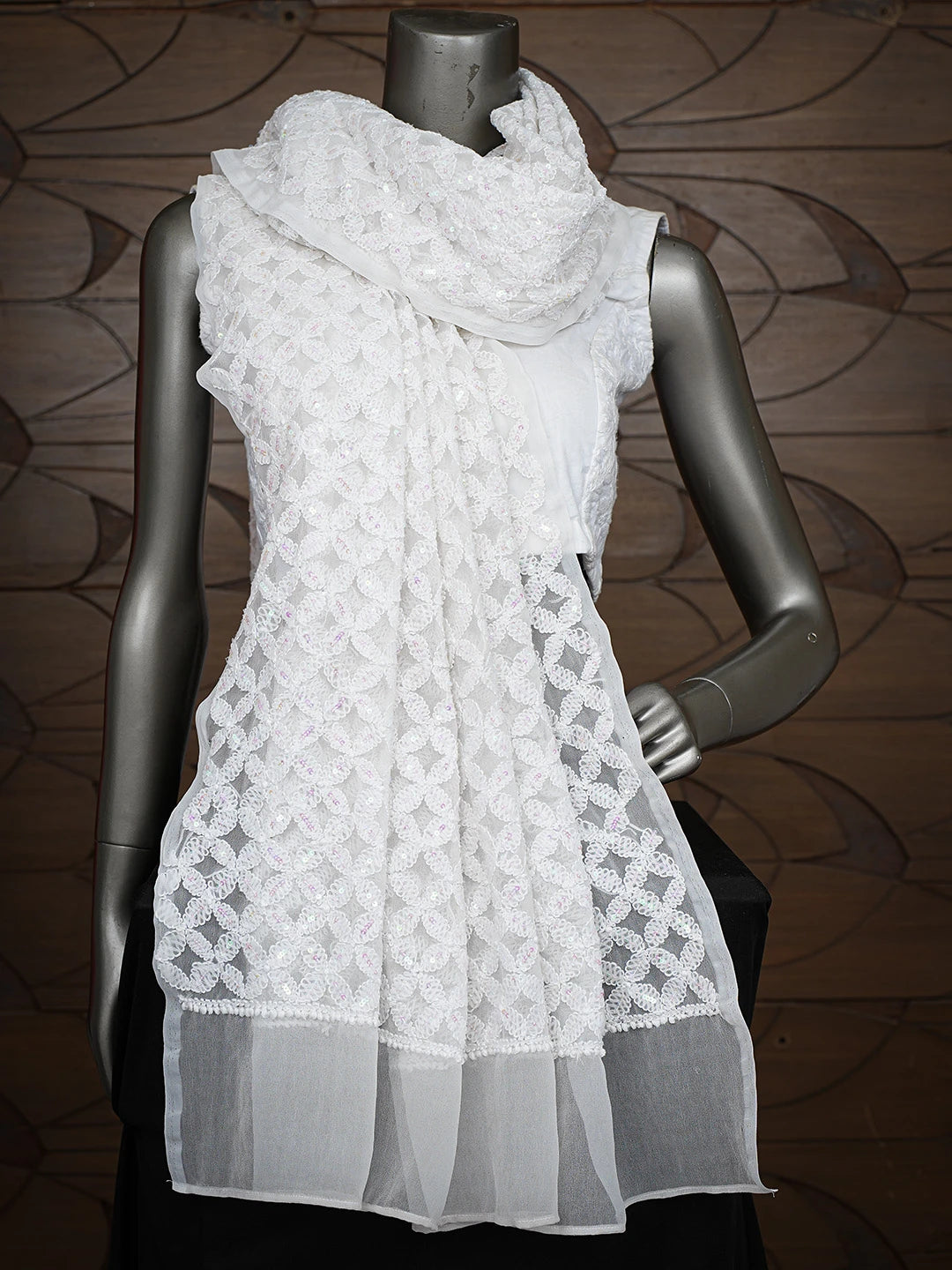 Ada Hand Embroidered White Georgette Lucknowi Chikankari Dupatta With Sequinned Work A594343