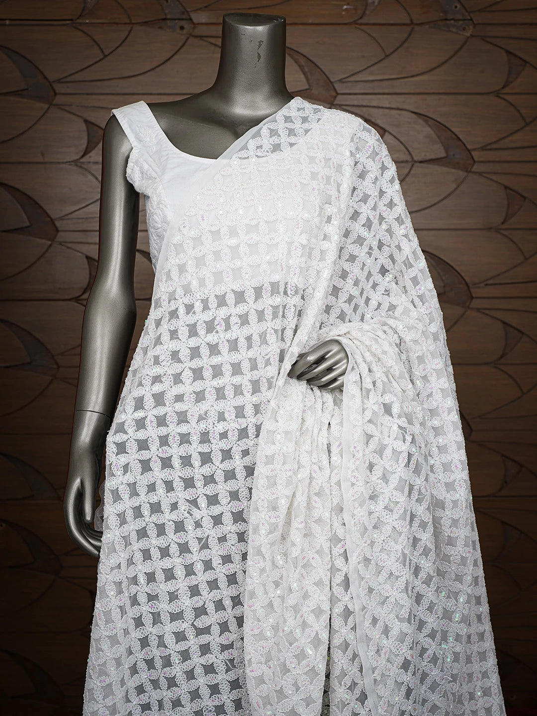 Ada Hand Embroidered White Georgette Lucknowi Chikankari Dupatta With Sequinned Work A594343