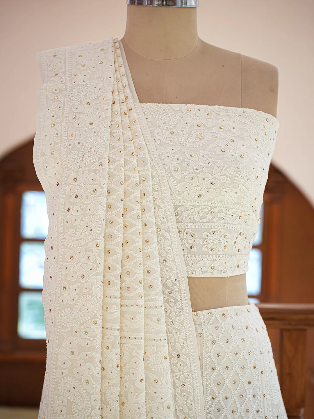 Ada Hand Embroidered Ivory White Pure Georgette Lucknowi Chikankari Lehenga Set With Muqaish Work 01A553364