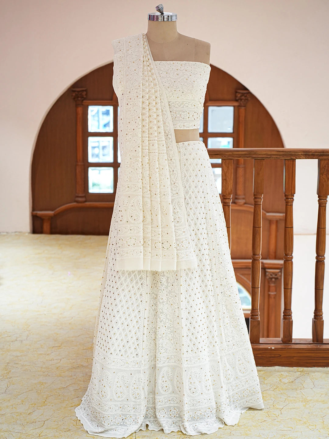 Ada Hand Embroidered Ivory White Pure Georgette Lucknowi Chikankari Lehenga Set With Muqaish Work 01A553364
