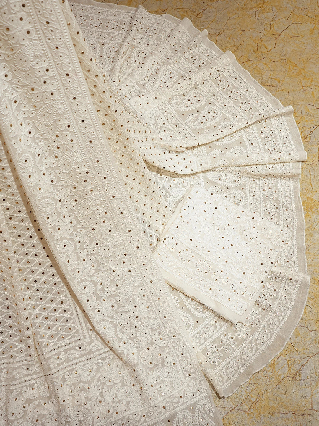 Ada Hand Embroidered Ivory White Pure Georgette Lucknowi Chikankari Lehenga Set With Muqaish Work 01A553364