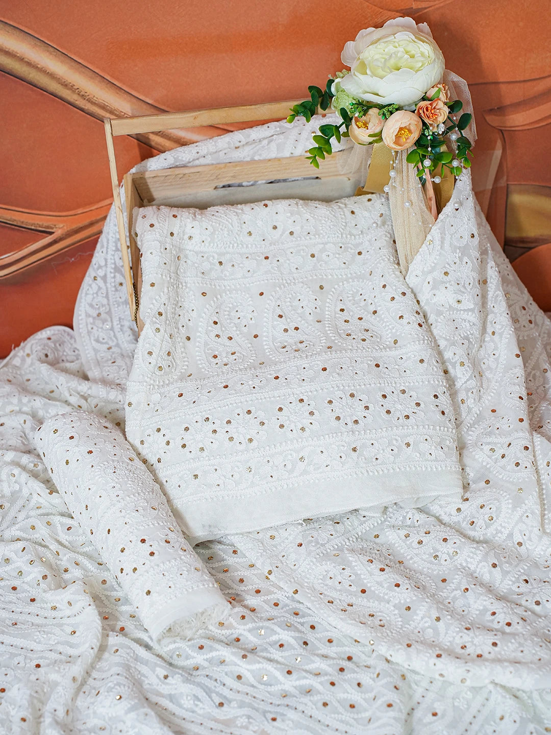 Ada Hand Embroidered Ivory White Pure Georgette Lucknowi Chikankari Lehenga Set With Muqaish Work 01A553364
