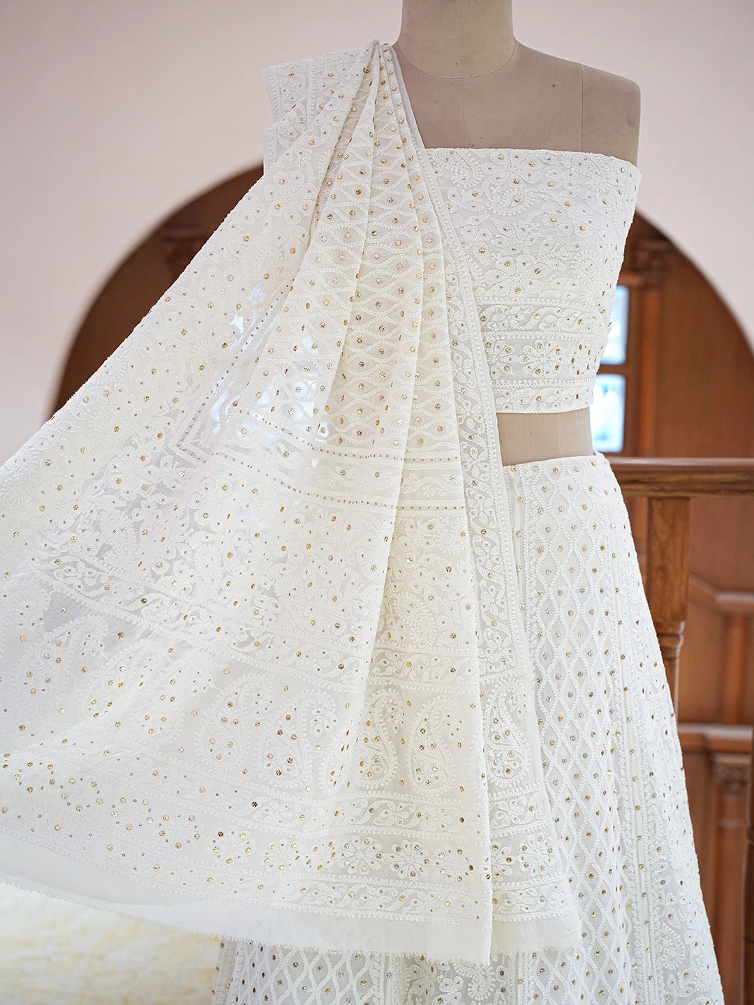 Ada Hand Embroidered Ivory White Pure Georgette Lucknowi Chikankari Lehenga Set With Muqaish Work 01A553364