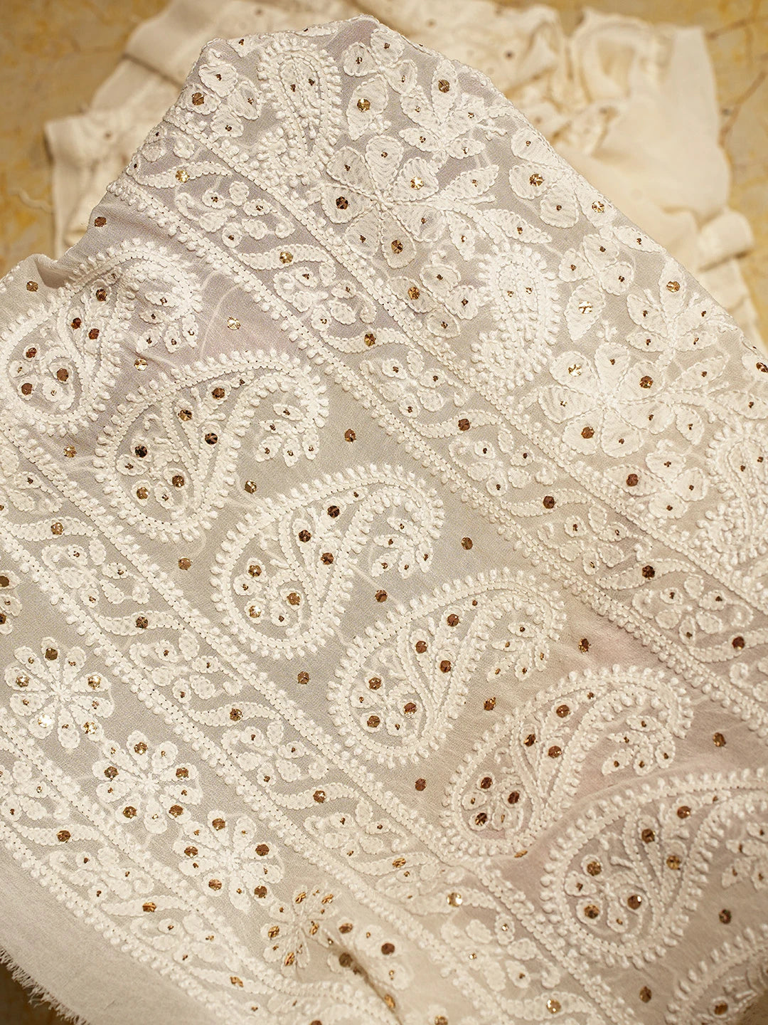 Ada Hand Embroidered Ivory White Pure Georgette Lucknowi Chikankari Lehenga Set With Muqaish Work 01A553364