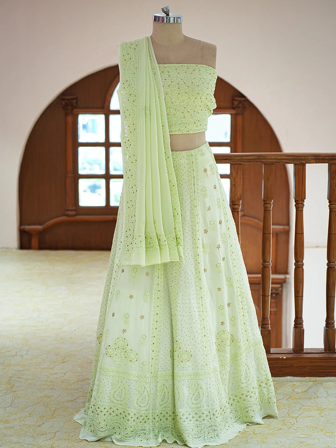 Ada Hand Embroidered Lime Green Viscose Georgette Lucknowi Chikankari Lehenga Set With Muqaish Work 01A573666