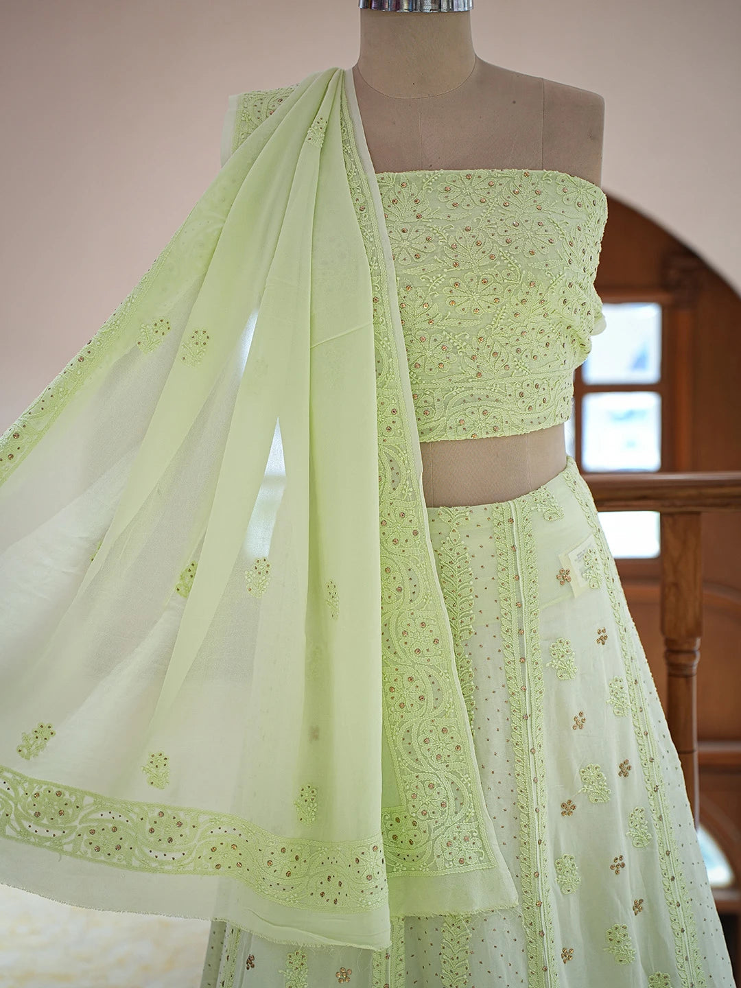 Ada Hand Embroidered Lime Green Viscose Georgette Lucknowi Chikankari Lehenga Set With Muqaish Work 01A573666