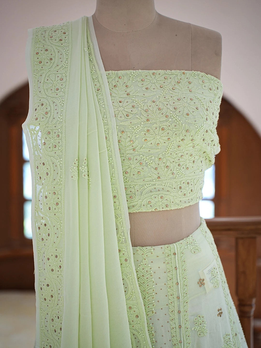 Ada Hand Embroidered Lime Green Viscose Georgette Lucknowi Chikankari Lehenga Set With Muqaish Work 01A573666