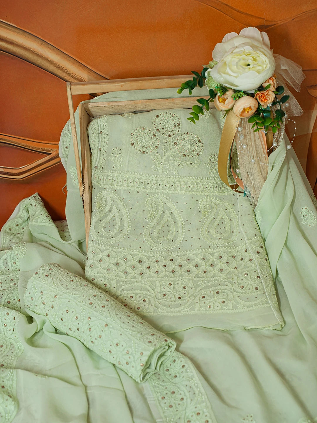 Ada Hand Embroidered Lime Green Viscose Georgette Lucknowi Chikankari Lehenga Set With Muqaish Work 01A573666