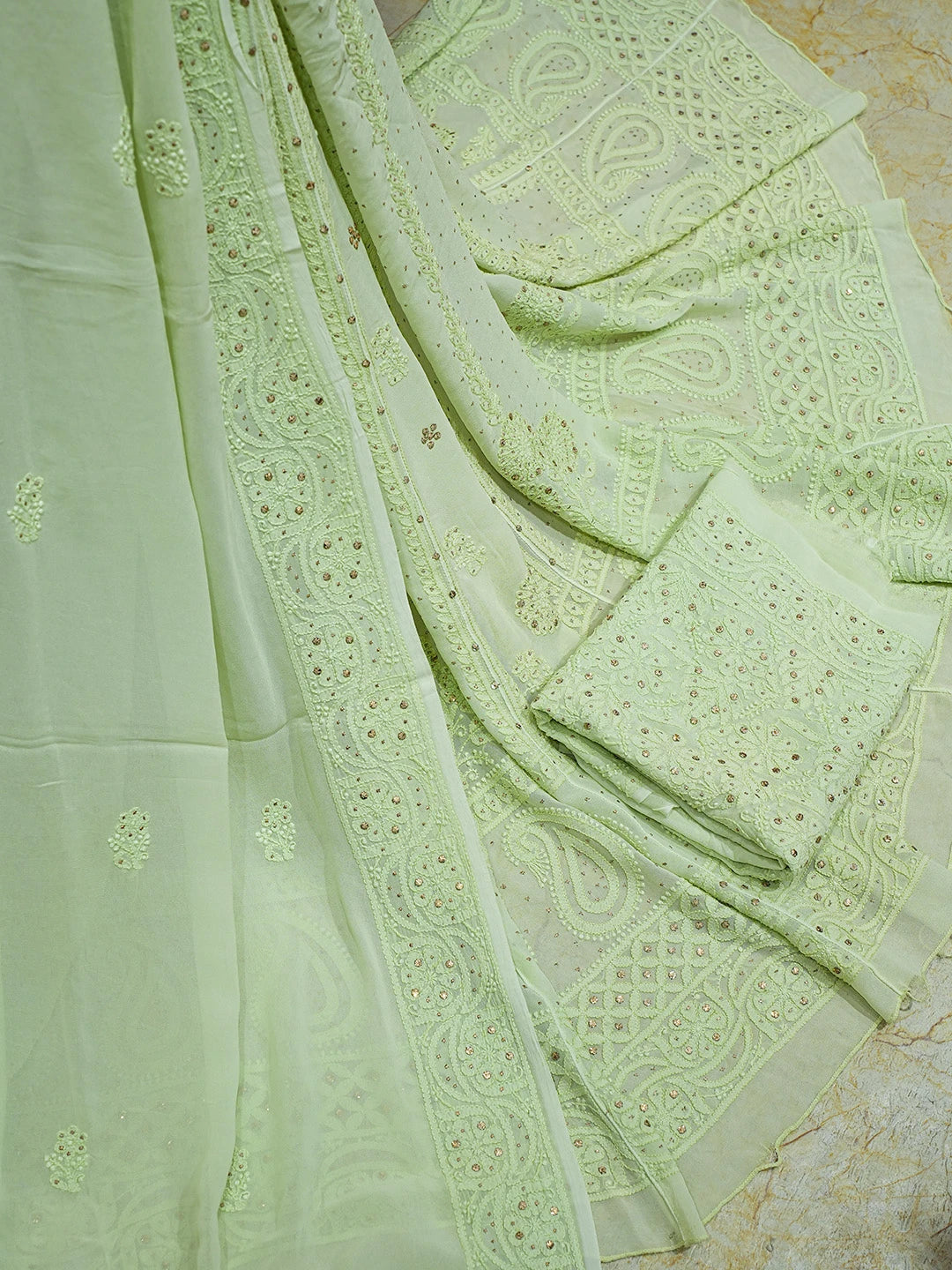 Ada Hand Embroidered Lime Green Viscose Georgette Lucknowi Chikankari Lehenga Set With Muqaish Work 01A573666