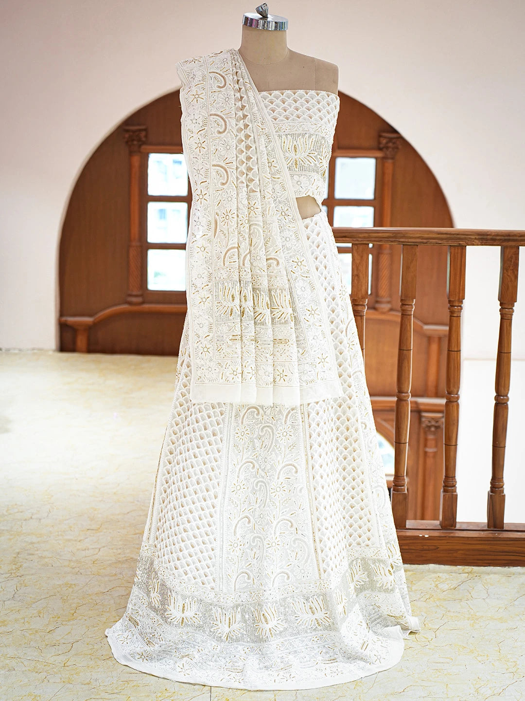 Ada Hand Embroidered White Pure Georgette Lucknowi Chikankari Lehenga Set With Sequinned Work 01A685435