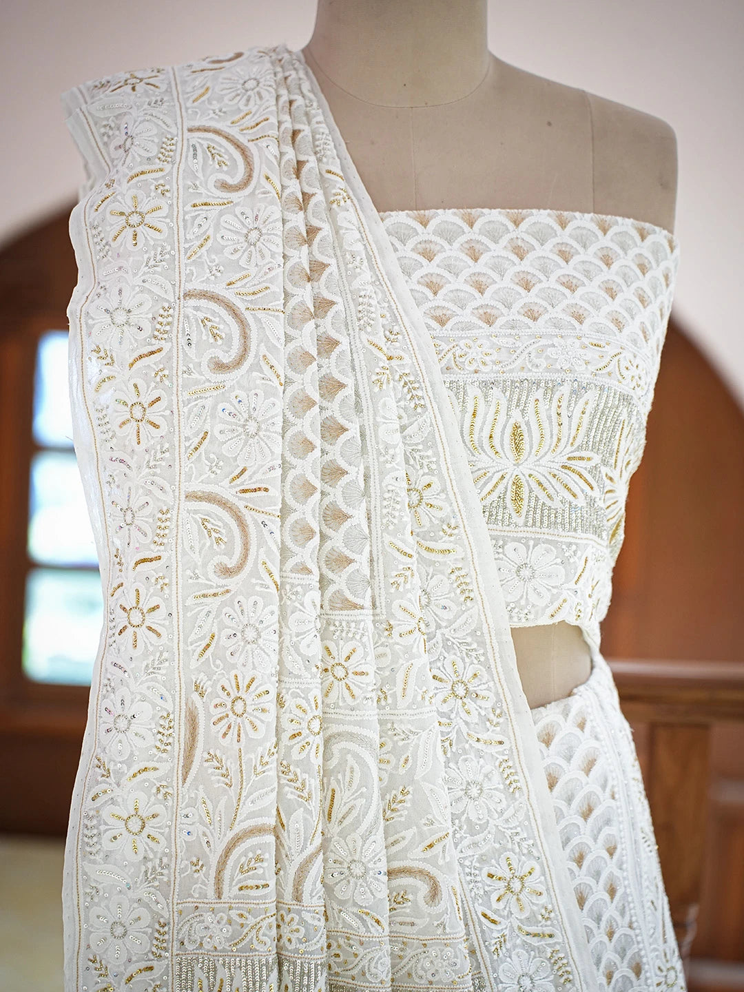 Ada Hand Embroidered White Pure Georgette Lucknowi Chikankari Lehenga Set With Sequinned Work 01A685435