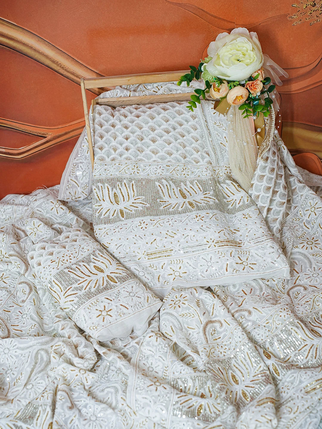 Ada Hand Embroidered White Pure Georgette Lucknowi Chikankari Lehenga Set With Sequinned Work 01A685435