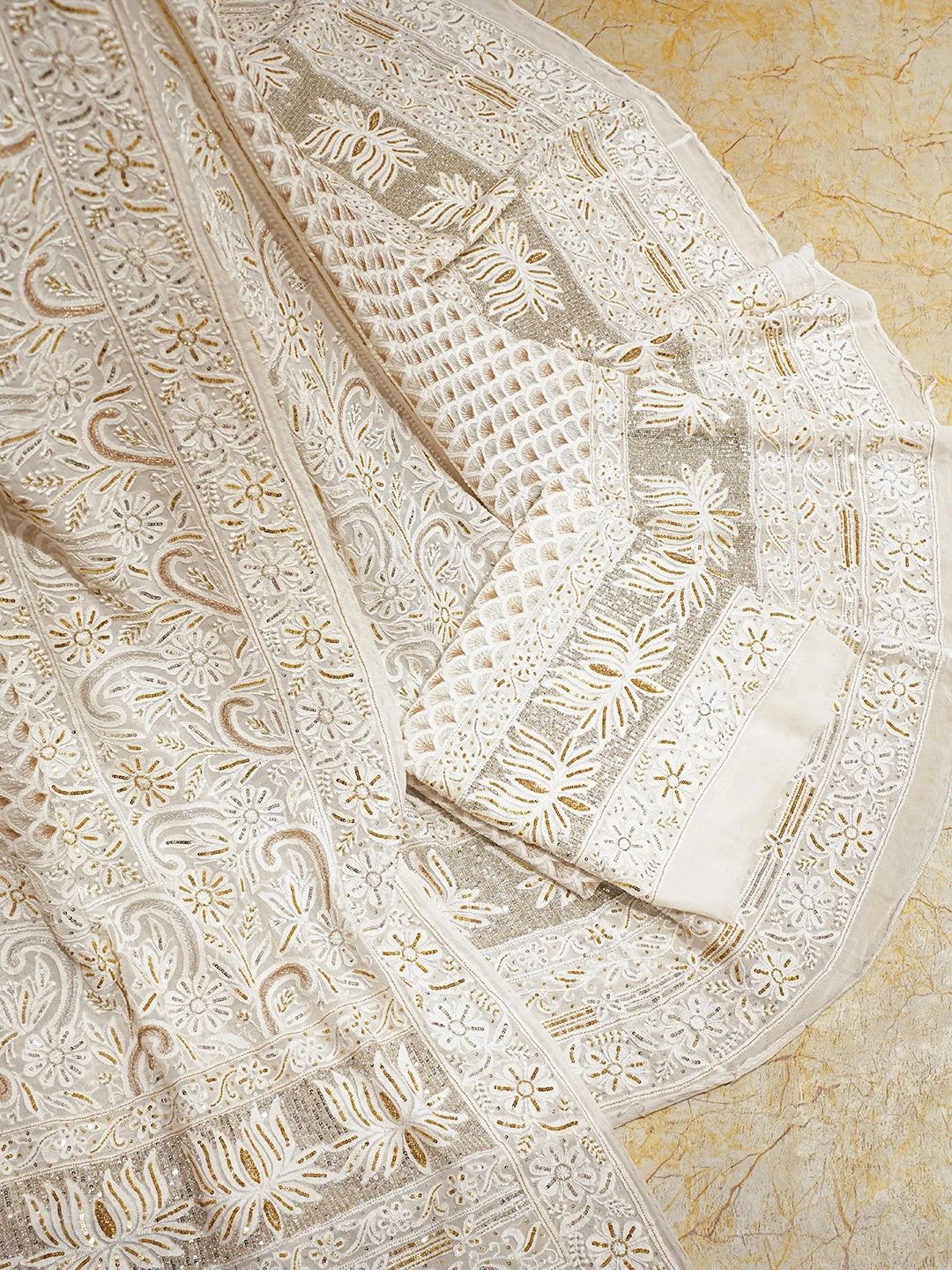Ada Hand Embroidered White Pure Georgette Lucknowi Chikankari Lehenga Set With Sequinned Work 01A685435