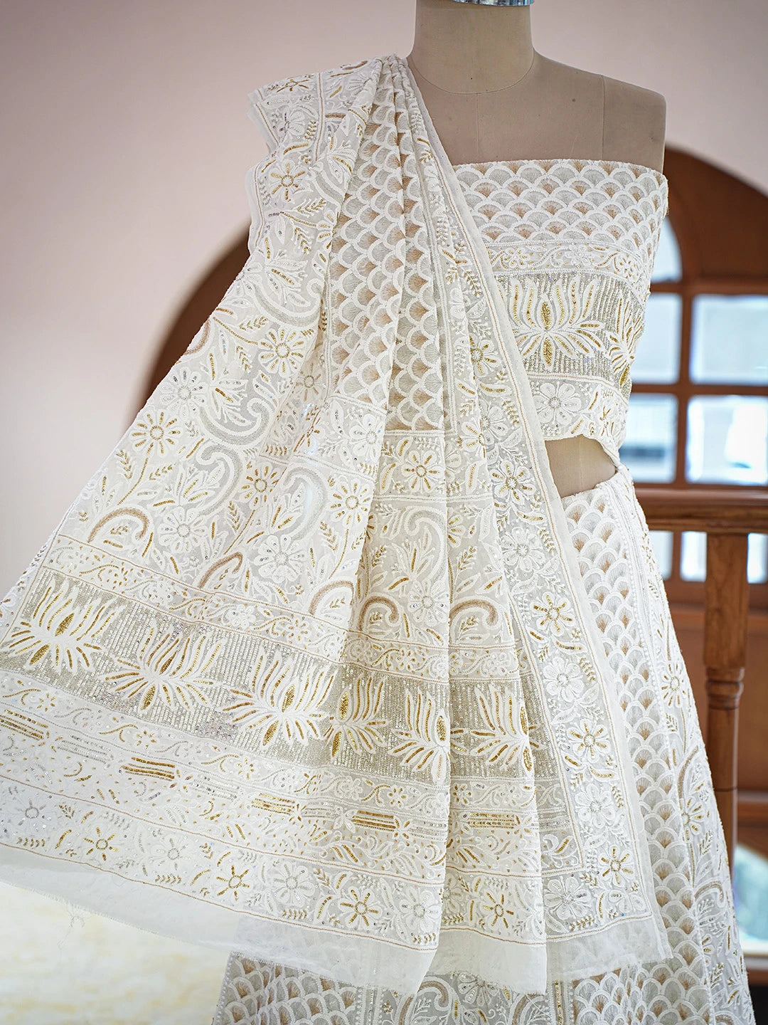 Ada Hand Embroidered White Pure Georgette Lucknowi Chikankari Lehenga Set With Sequinned Work 01A685435