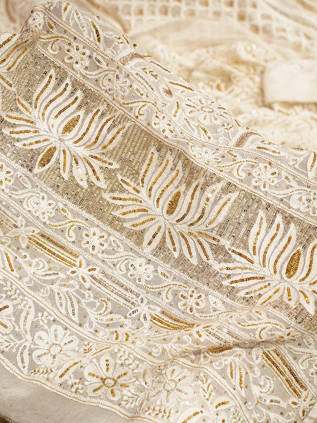 Ada Hand Embroidered White Pure Georgette Lucknowi Chikankari Lehenga Set With Sequinned Work 01A685435