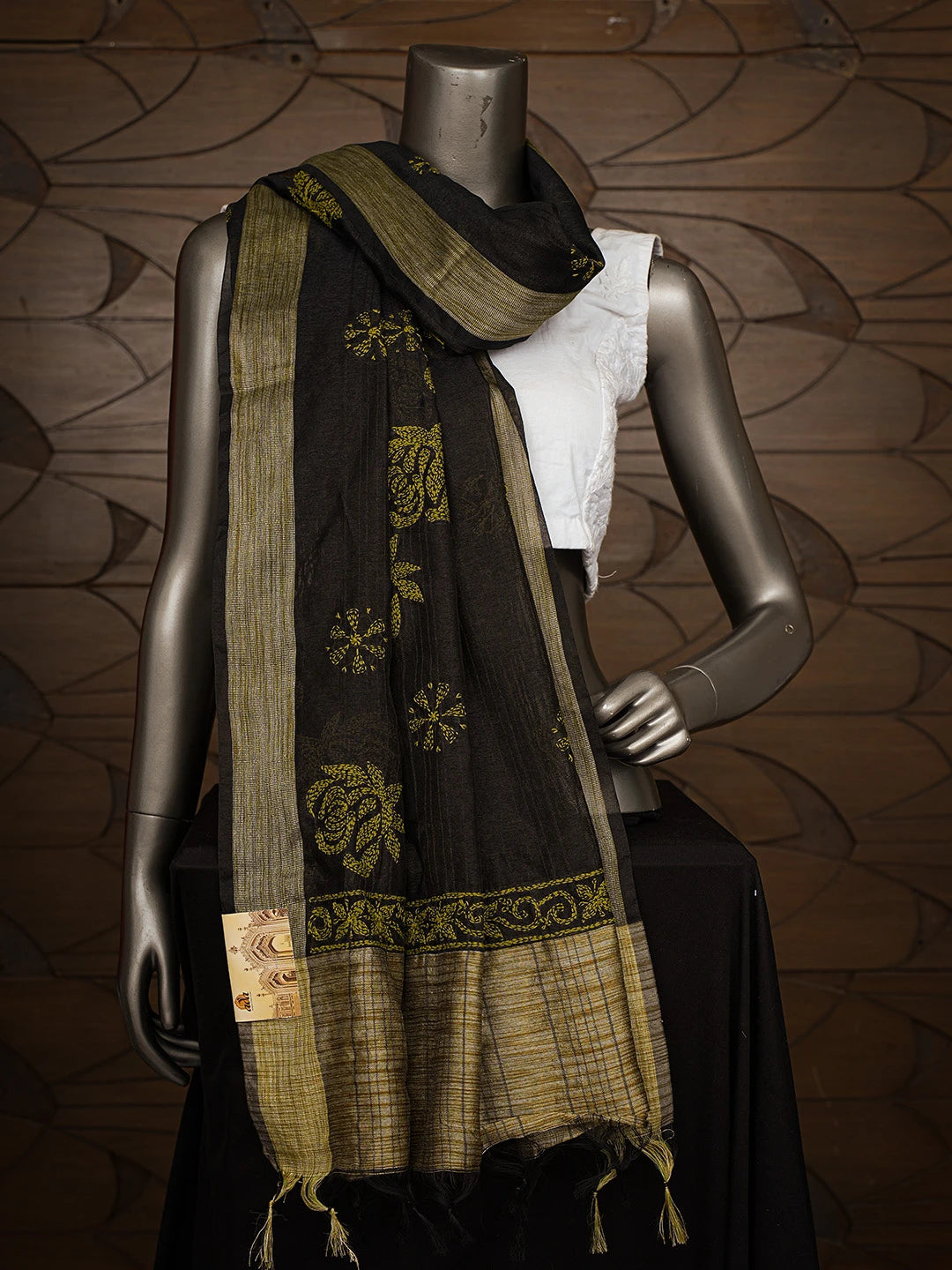 Ada Hand Embroidered Black Chanderi Lucknowi Chikankari Dupatta 01A774296